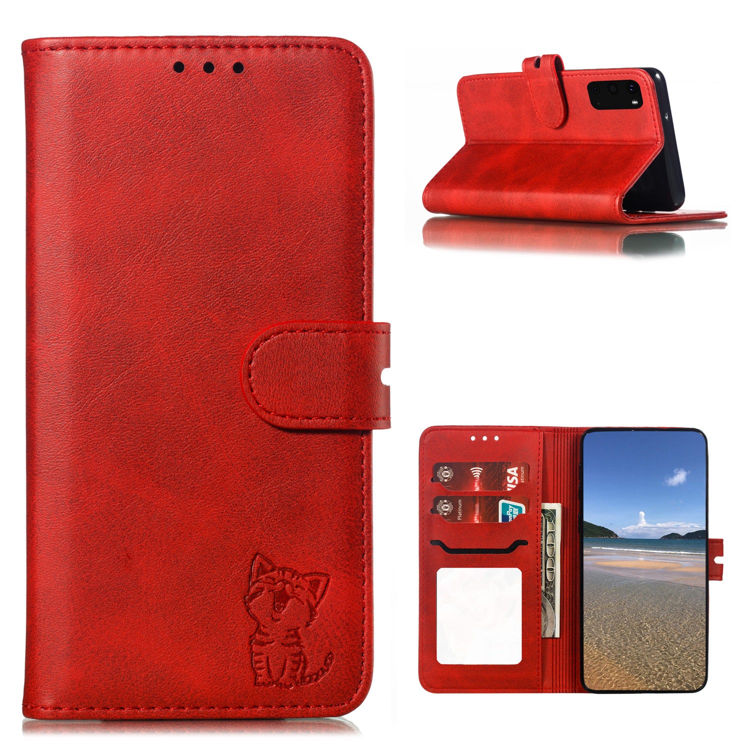 Imprint Happy Cat PU Leather Wallet Stand Case for Samsung Galaxy S20 FE/S20 Fan Edition/S20 FE 5G/S20 Fan Edition 5G - Red