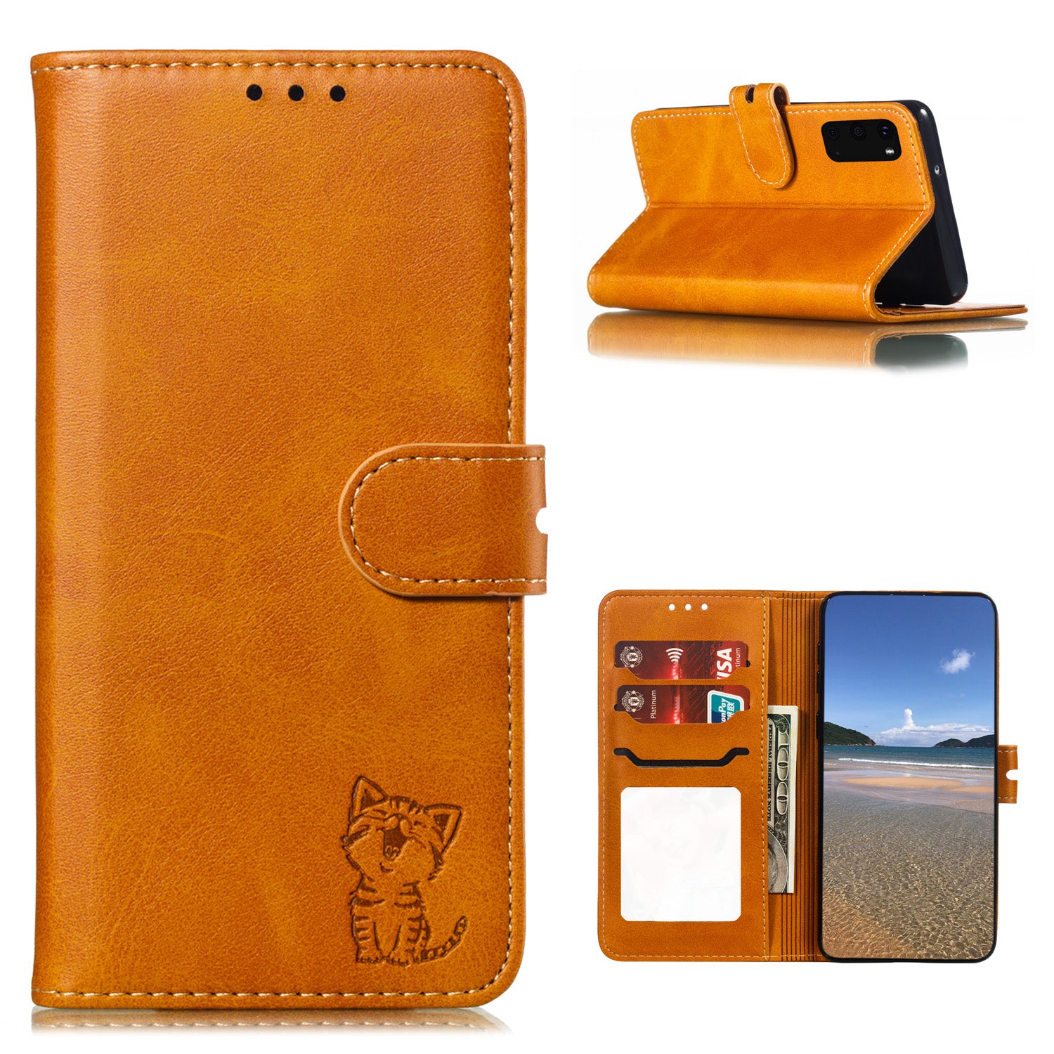 Imprint Happy Cat PU Leather Wallet Stand Case for Samsung Galaxy S20 FE/S20 Fan Edition/S20 FE 5G/S20 Fan Edition 5G - Brown