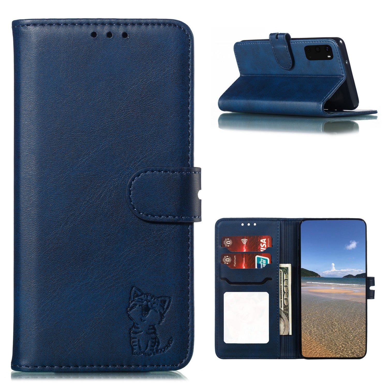 Imprint Happy Cat PU Leather Wallet Stand Case for Samsung Galaxy S20 FE/S20 Fan Edition/S20 FE 5G/S20 Fan Edition 5G - Blue