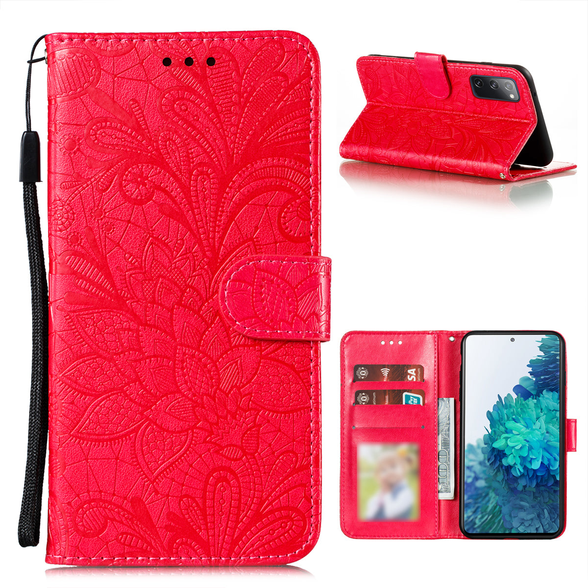 Leather Wallet Phone Cover Shell with Lace Flowers Pattern Imprinting for Samsung Galaxy S20 FE/S20 Fan Edition/S20 FE 5G/S20 Fan Edition 5G/S20 Lite - Red