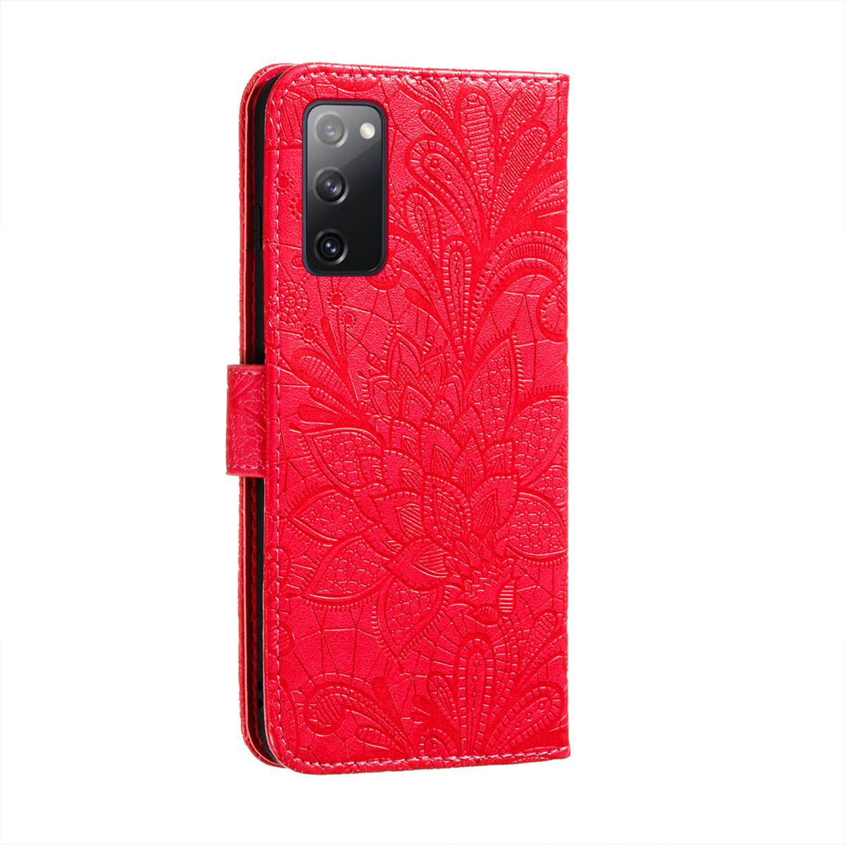 Leather Wallet Phone Cover Shell with Lace Flowers Pattern Imprinting for Samsung Galaxy S20 FE/S20 Fan Edition/S20 FE 5G/S20 Fan Edition 5G/S20 Lite - Red