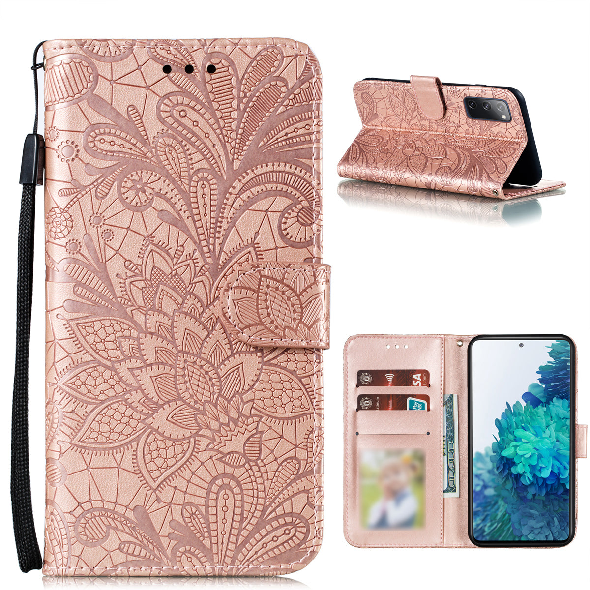 Leather Wallet Phone Cover Shell with Lace Flowers Pattern Imprinting for Samsung Galaxy S20 FE/S20 Fan Edition/S20 FE 5G/S20 Fan Edition 5G/S20 Lite - Rose Gold