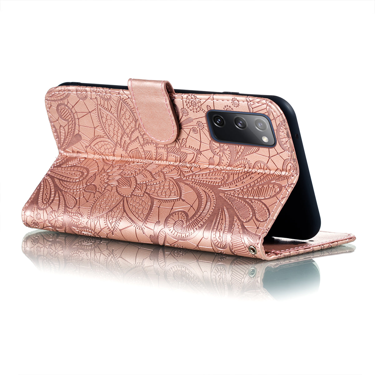 Leather Wallet Phone Cover Shell with Lace Flowers Pattern Imprinting for Samsung Galaxy S20 FE/S20 Fan Edition/S20 FE 5G/S20 Fan Edition 5G/S20 Lite - Rose Gold