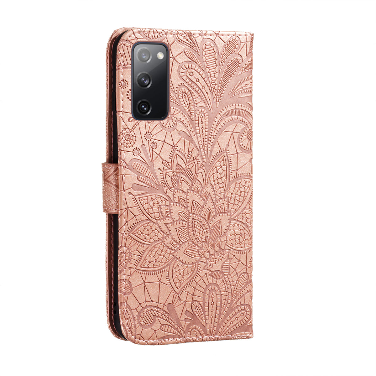 Leather Wallet Phone Cover Shell with Lace Flowers Pattern Imprinting for Samsung Galaxy S20 FE/S20 Fan Edition/S20 FE 5G/S20 Fan Edition 5G/S20 Lite - Rose Gold