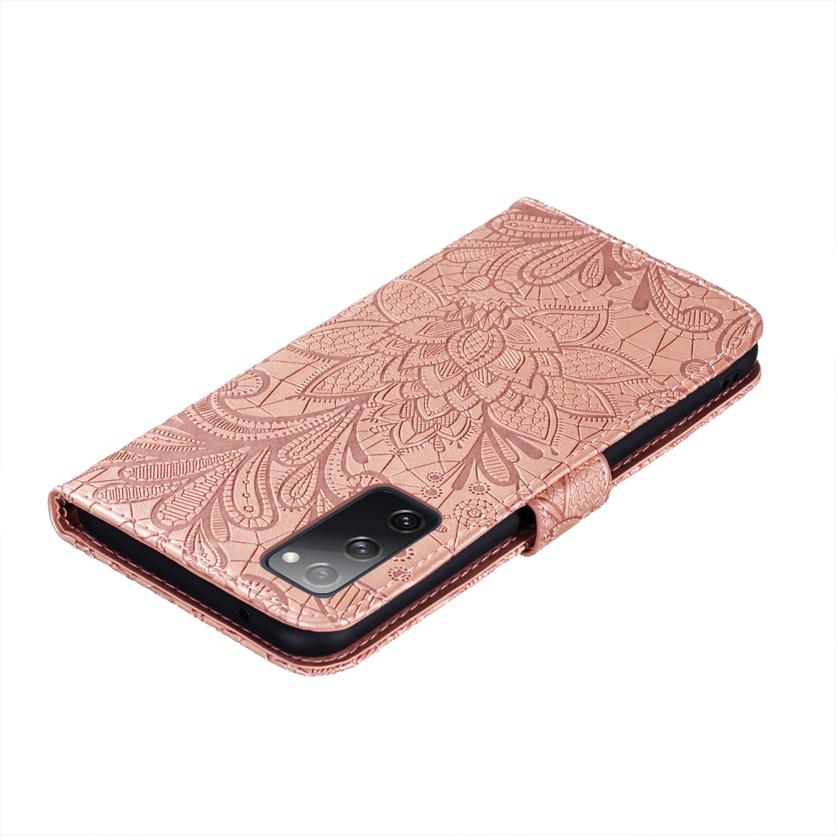 Leather Wallet Phone Cover Shell with Lace Flowers Pattern Imprinting for Samsung Galaxy S20 FE/S20 Fan Edition/S20 FE 5G/S20 Fan Edition 5G/S20 Lite - Rose Gold