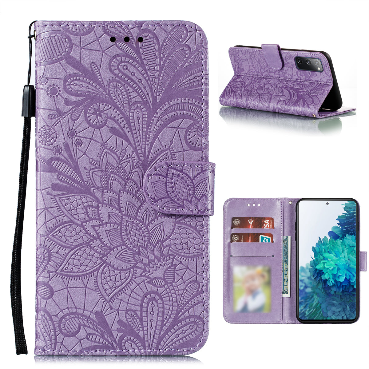 Leather Wallet Phone Cover Shell with Lace Flowers Pattern Imprinting for Samsung Galaxy S20 FE/S20 Fan Edition/S20 FE 5G/S20 Fan Edition 5G/S20 Lite - Purple