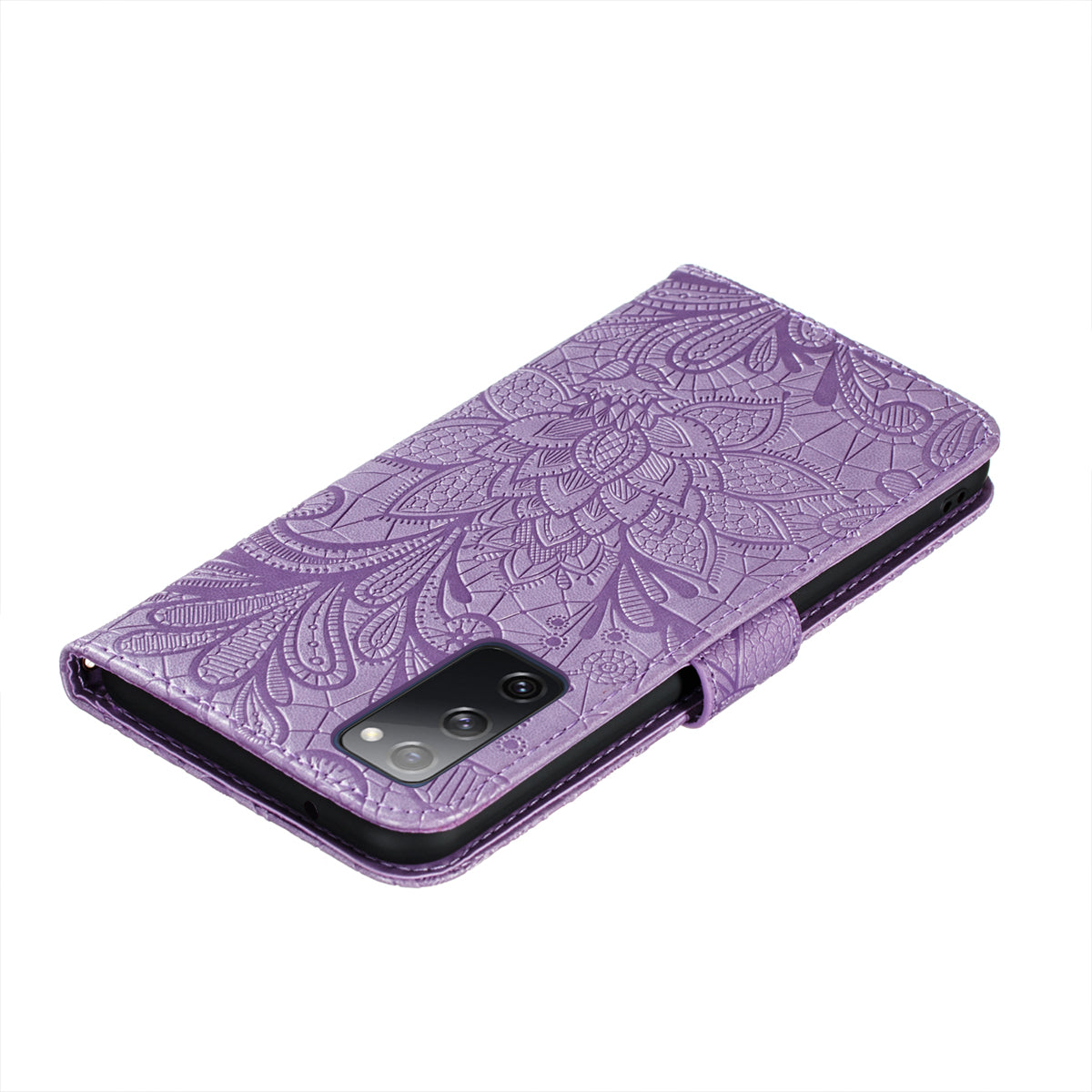 Leather Wallet Phone Cover Shell with Lace Flowers Pattern Imprinting for Samsung Galaxy S20 FE/S20 Fan Edition/S20 FE 5G/S20 Fan Edition 5G/S20 Lite - Purple