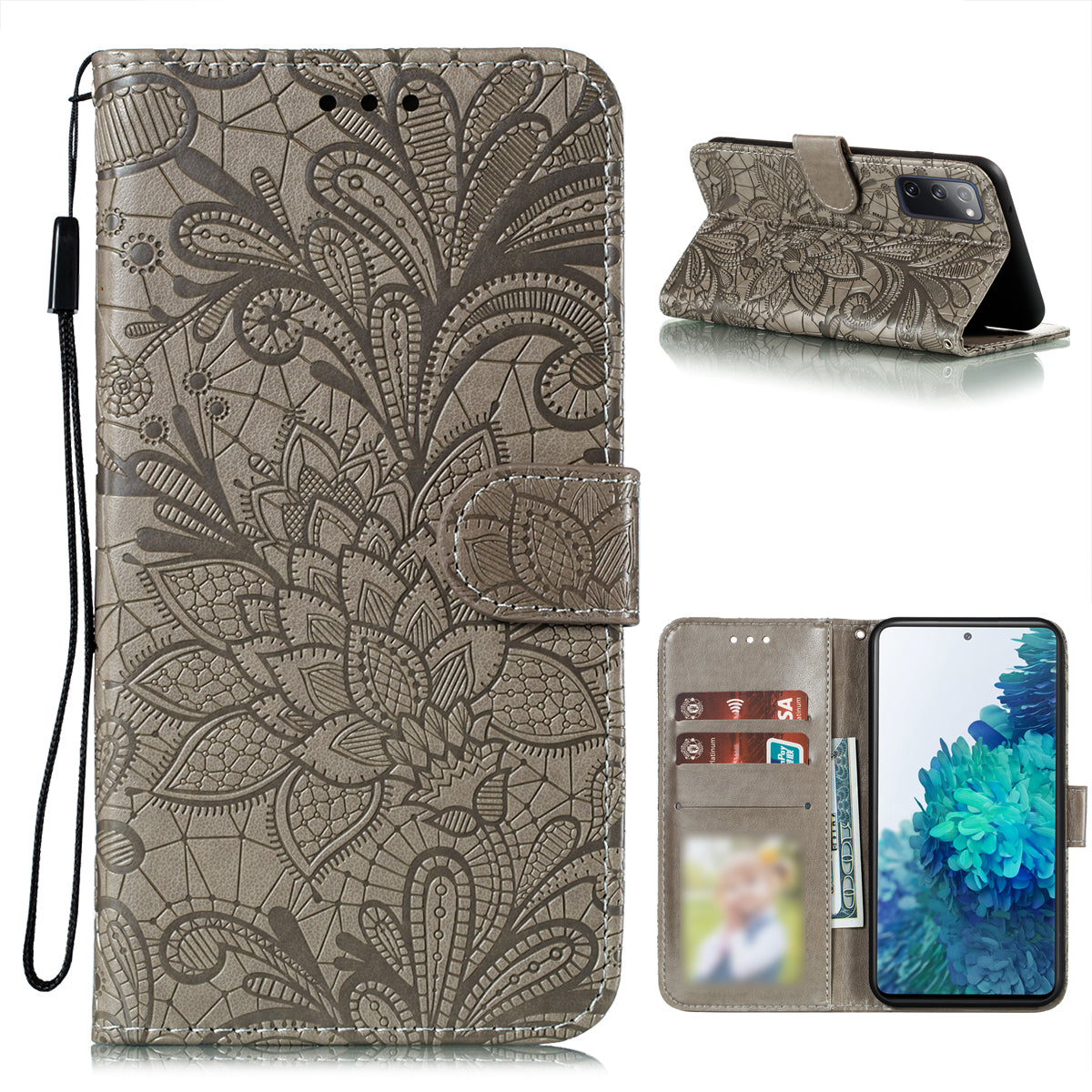 Leather Wallet Phone Cover Shell with Lace Flowers Pattern Imprinting for Samsung Galaxy S20 FE/S20 Fan Edition/S20 FE 5G/S20 Fan Edition 5G/S20 Lite - Grey