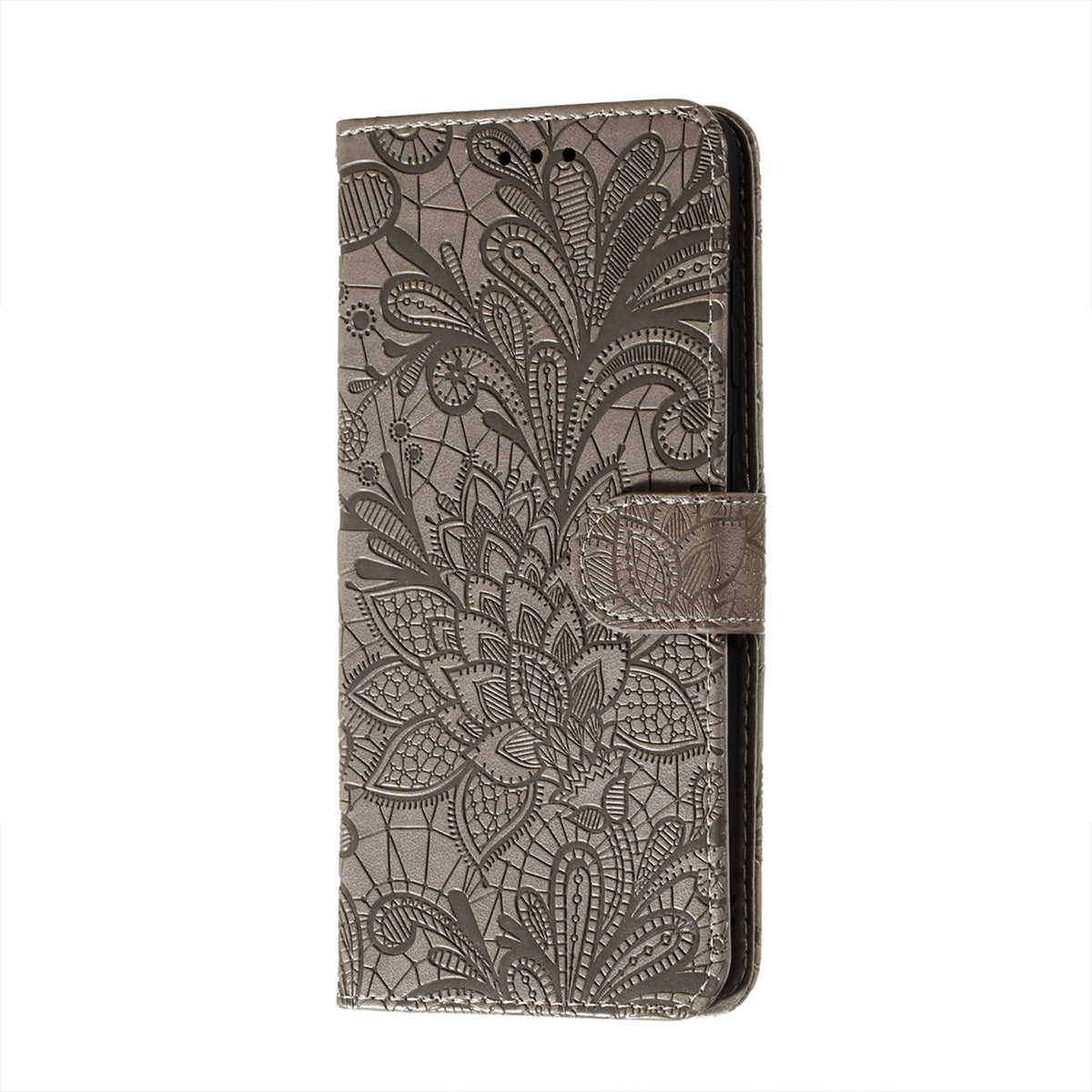 Leather Wallet Phone Cover Shell with Lace Flowers Pattern Imprinting for Samsung Galaxy S20 FE/S20 Fan Edition/S20 FE 5G/S20 Fan Edition 5G/S20 Lite - Grey