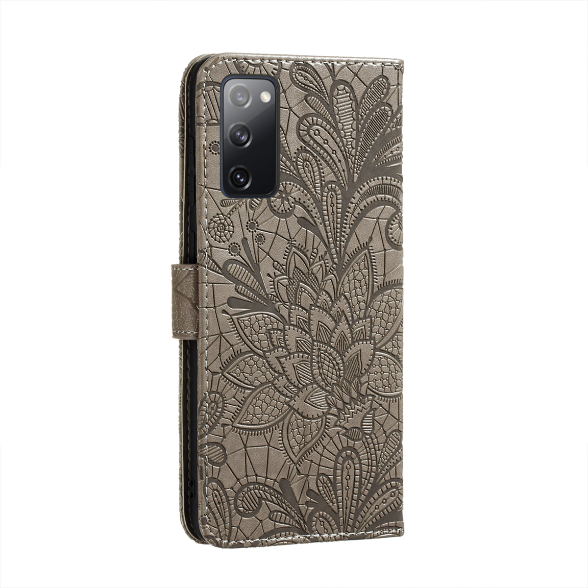 Leather Wallet Phone Cover Shell with Lace Flowers Pattern Imprinting for Samsung Galaxy S20 FE/S20 Fan Edition/S20 FE 5G/S20 Fan Edition 5G/S20 Lite - Grey