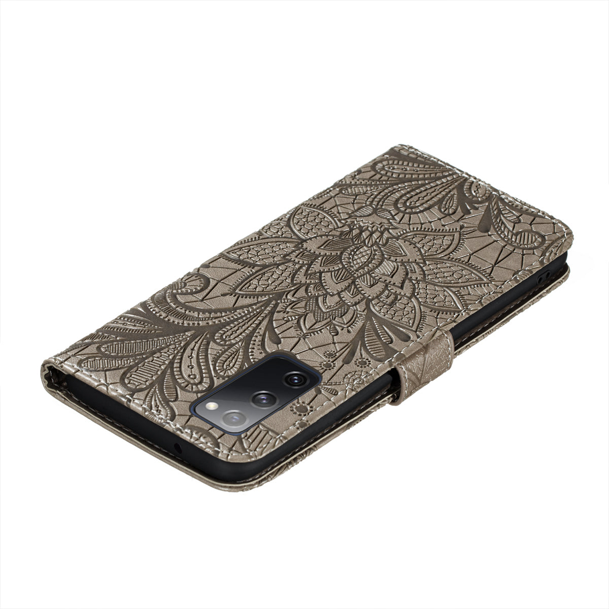 Leather Wallet Phone Cover Shell with Lace Flowers Pattern Imprinting for Samsung Galaxy S20 FE/S20 Fan Edition/S20 FE 5G/S20 Fan Edition 5G/S20 Lite - Grey