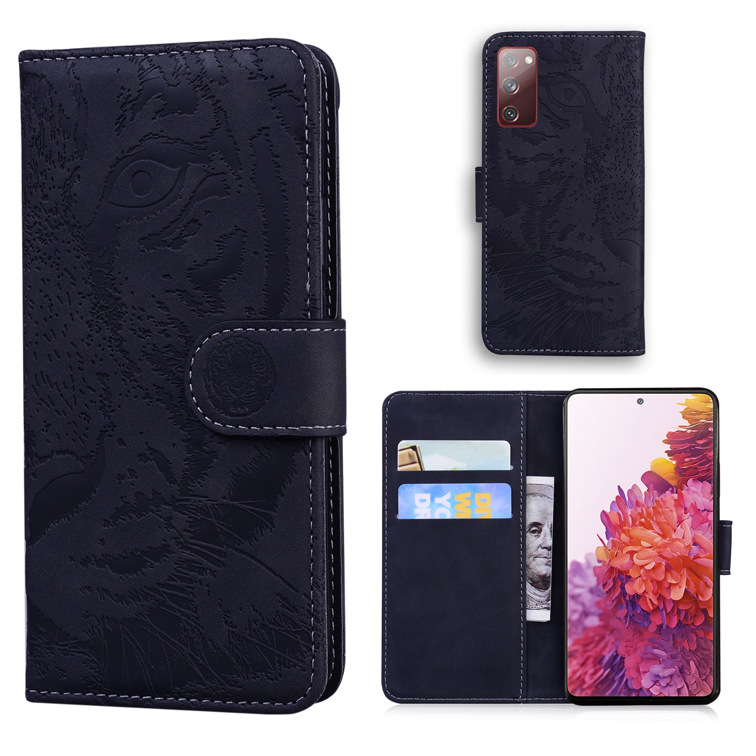 Imprint Tiger Face Leather Wallet Cell Phone Case with Stand for Samsung Galaxy S20 FE/S20 Fan Edition/S20 FE 5G/S20 Fan Edition 5G/S20 Lite - Black