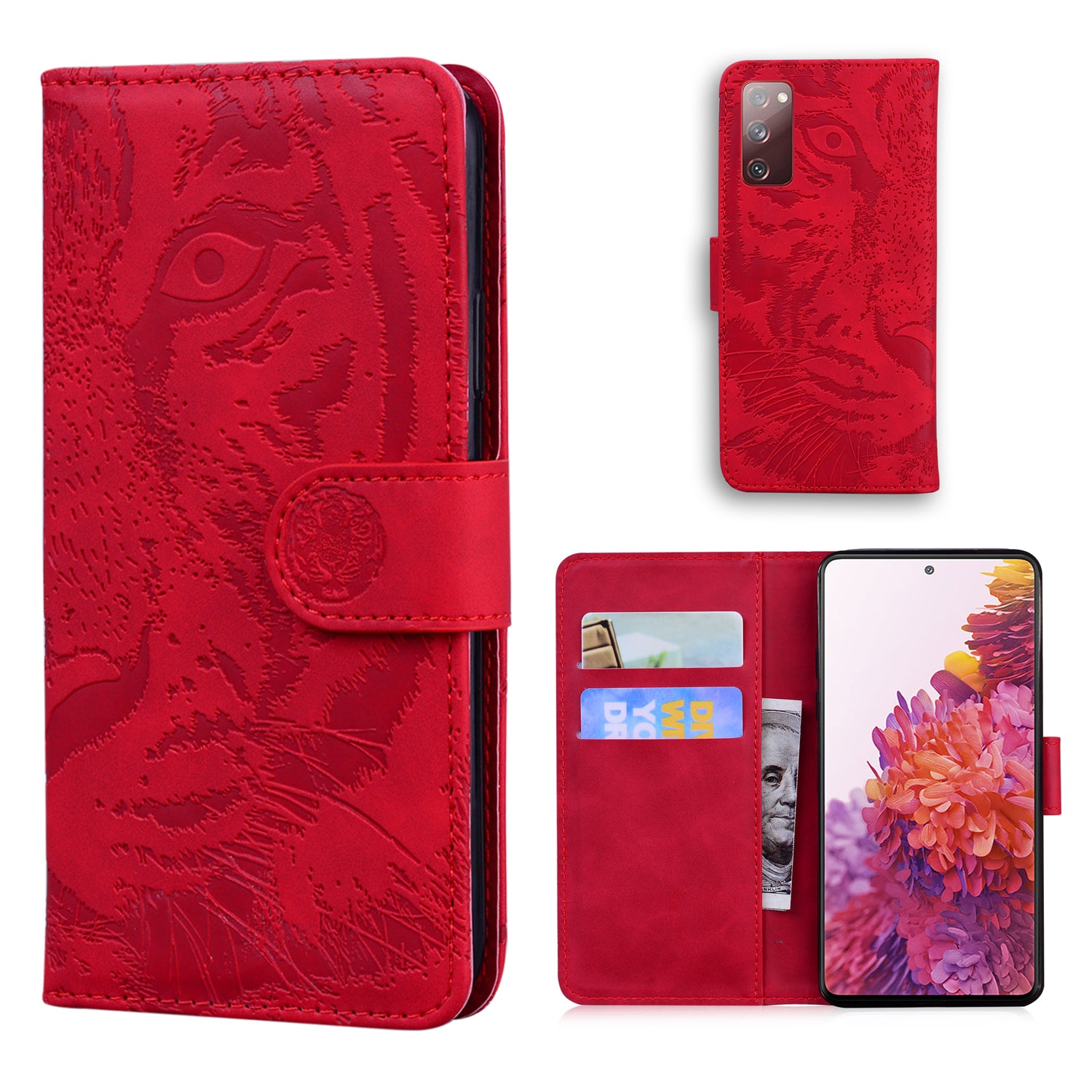 Imprint Tiger Face Leather Wallet Cell Phone Case with Stand for Samsung Galaxy S20 FE/S20 Fan Edition/S20 FE 5G/S20 Fan Edition 5G/S20 Lite - Red