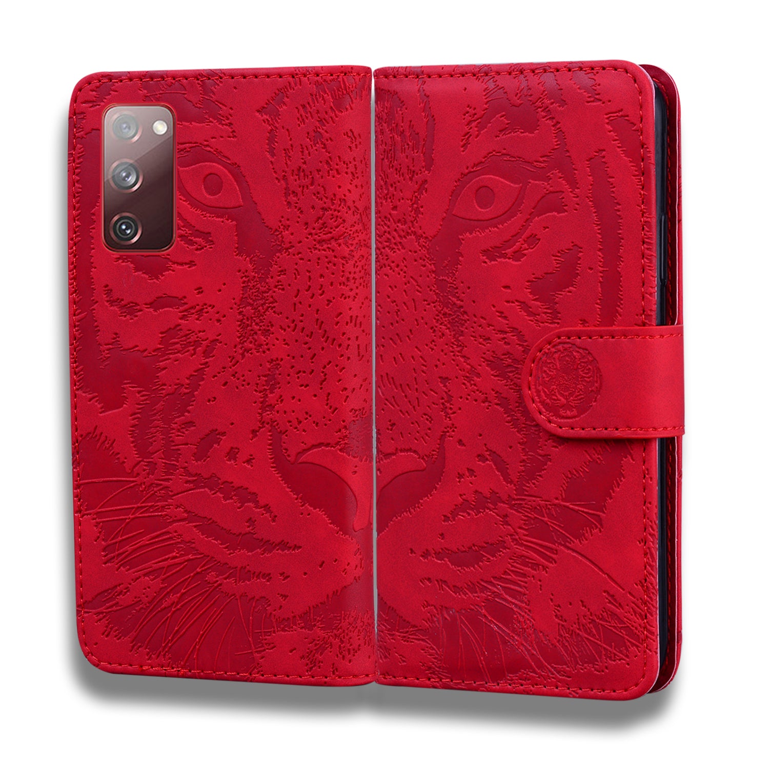 Imprint Tiger Face Leather Wallet Cell Phone Case with Stand for Samsung Galaxy S20 FE/S20 Fan Edition/S20 FE 5G/S20 Fan Edition 5G/S20 Lite - Red