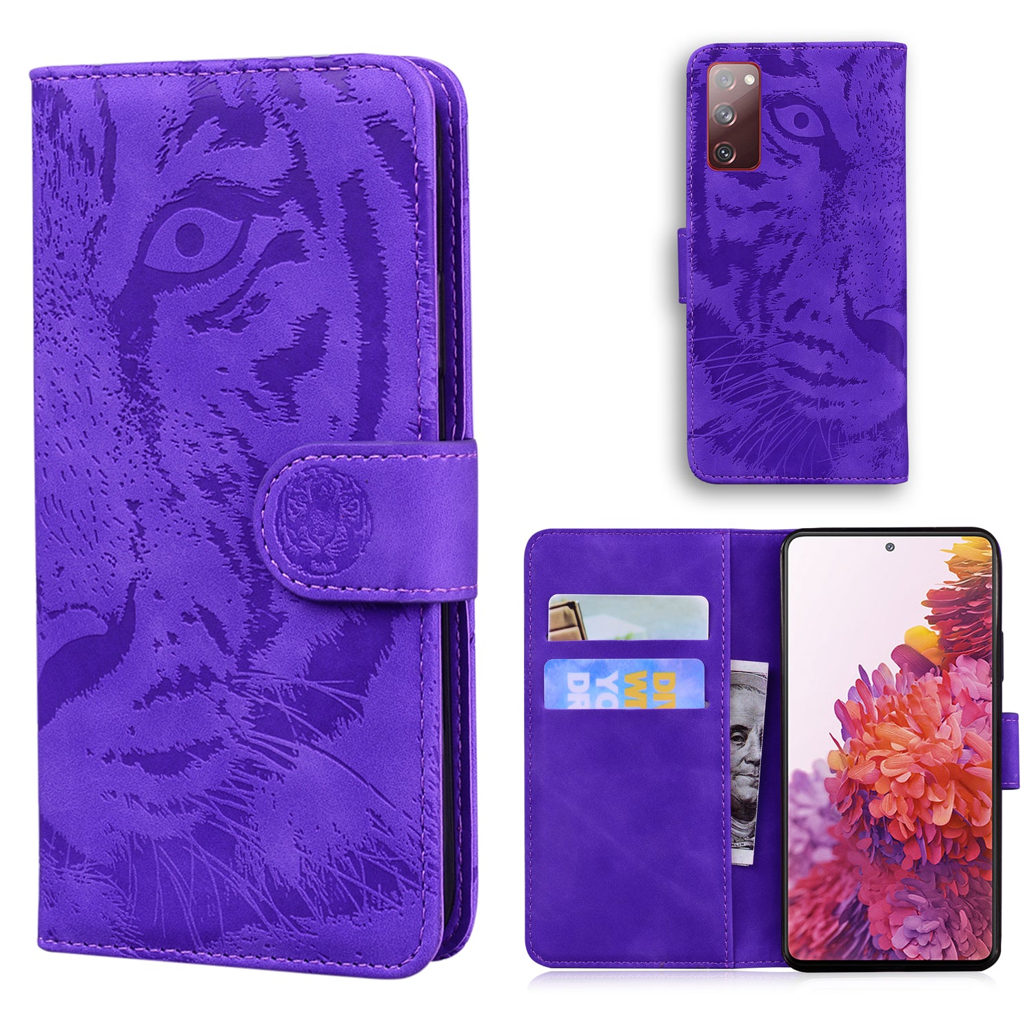 Imprint Tiger Face Leather Wallet Cell Phone Case with Stand for Samsung Galaxy S20 FE/S20 Fan Edition/S20 FE 5G/S20 Fan Edition 5G/S20 Lite - Purple