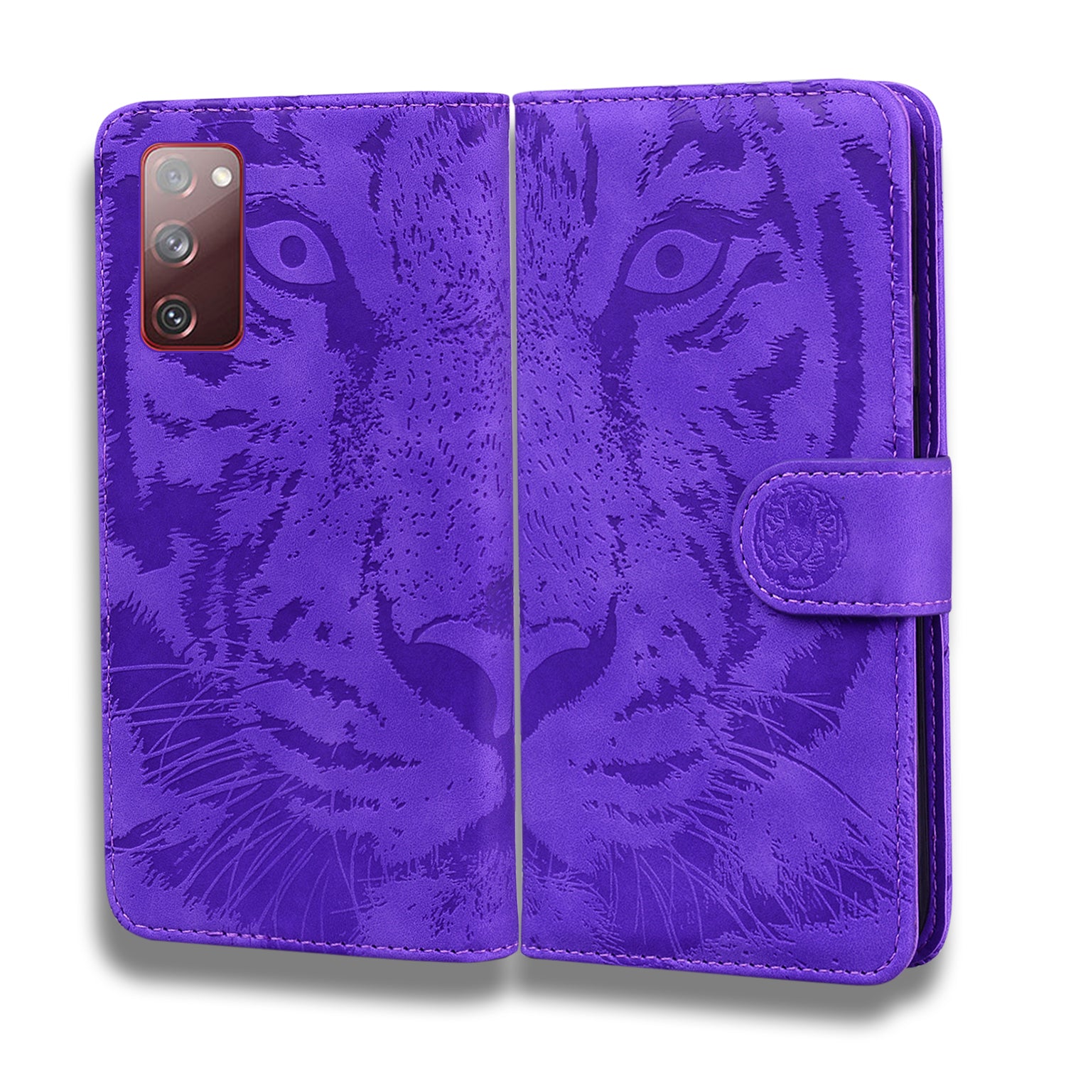 Imprint Tiger Face Leather Wallet Cell Phone Case with Stand for Samsung Galaxy S20 FE/S20 Fan Edition/S20 FE 5G/S20 Fan Edition 5G/S20 Lite - Purple