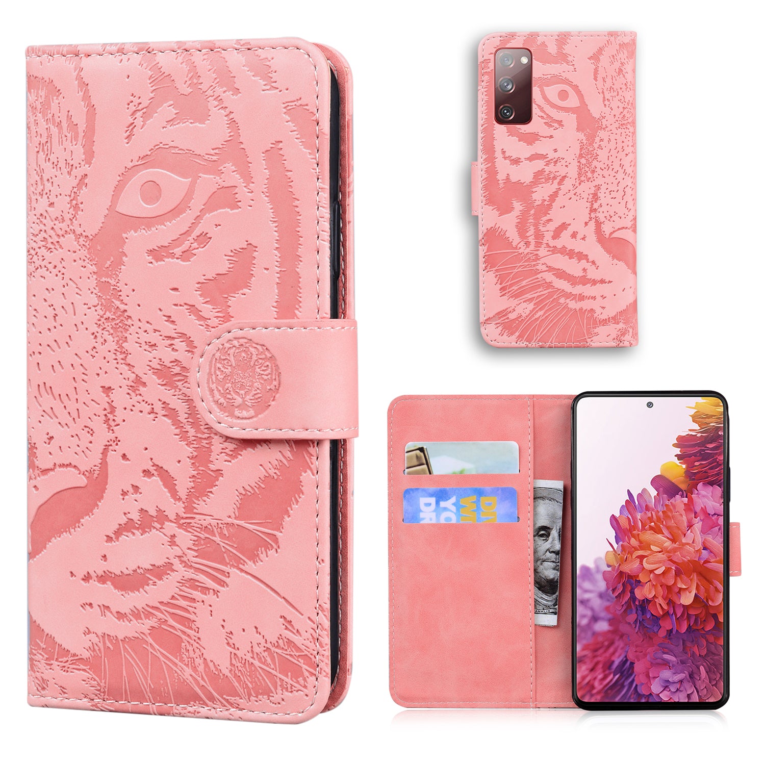 Imprint Tiger Face Leather Wallet Cell Phone Case with Stand for Samsung Galaxy S20 FE/S20 Fan Edition/S20 FE 5G/S20 Fan Edition 5G/S20 Lite - Pink