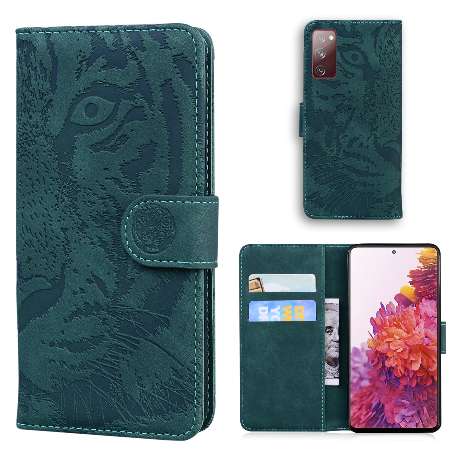 Imprint Tiger Face Leather Wallet Cell Phone Case with Stand for Samsung Galaxy S20 FE/S20 Fan Edition/S20 FE 5G/S20 Fan Edition 5G/S20 Lite - Green