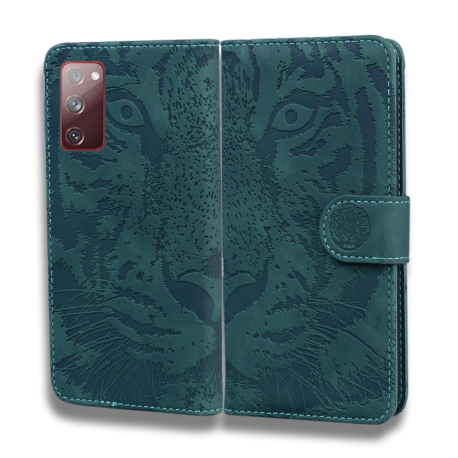 Imprint Tiger Face Leather Wallet Cell Phone Case with Stand for Samsung Galaxy S20 FE/S20 Fan Edition/S20 FE 5G/S20 Fan Edition 5G/S20 Lite - Green