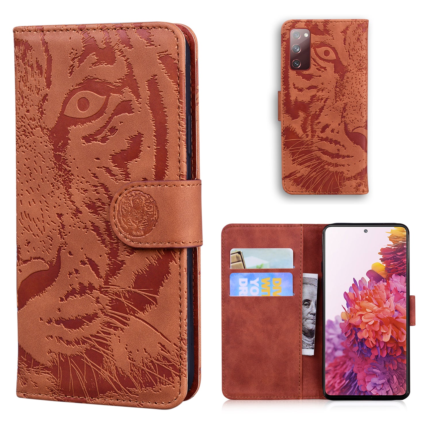 Imprint Tiger Face Leather Wallet Cell Phone Case with Stand for Samsung Galaxy S20 FE/S20 Fan Edition/S20 FE 5G/S20 Fan Edition 5G/S20 Lite - Brown