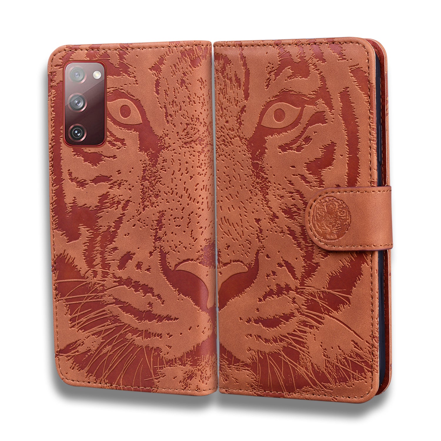 Imprint Tiger Face Leather Wallet Cell Phone Case with Stand for Samsung Galaxy S20 FE/S20 Fan Edition/S20 FE 5G/S20 Fan Edition 5G/S20 Lite - Brown