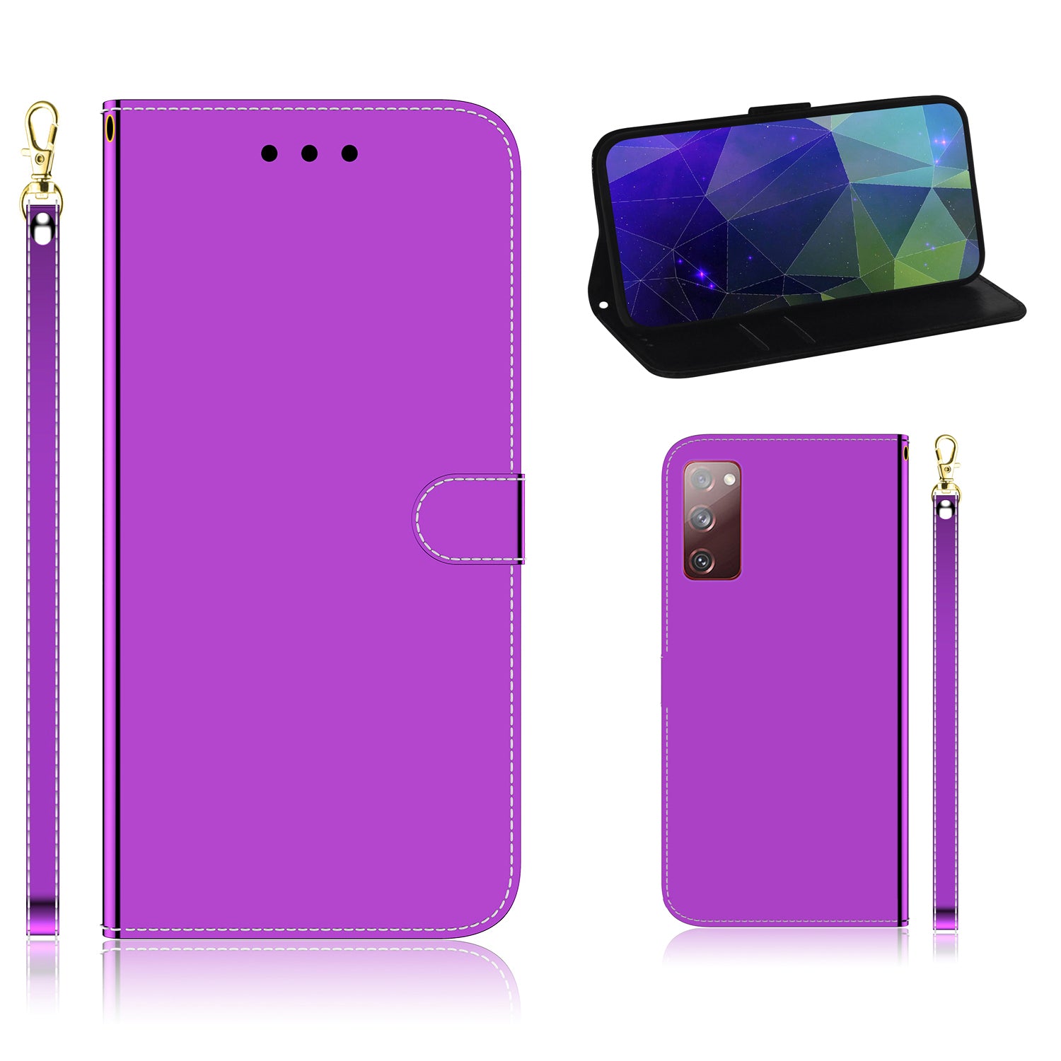 Leather Wallet Stand Case Mirror-like Surface with Wrist Strap for Samsung Galaxy S20 FE/S20 FE 5G/S20 Lite/S20 FE 2022 - Purple