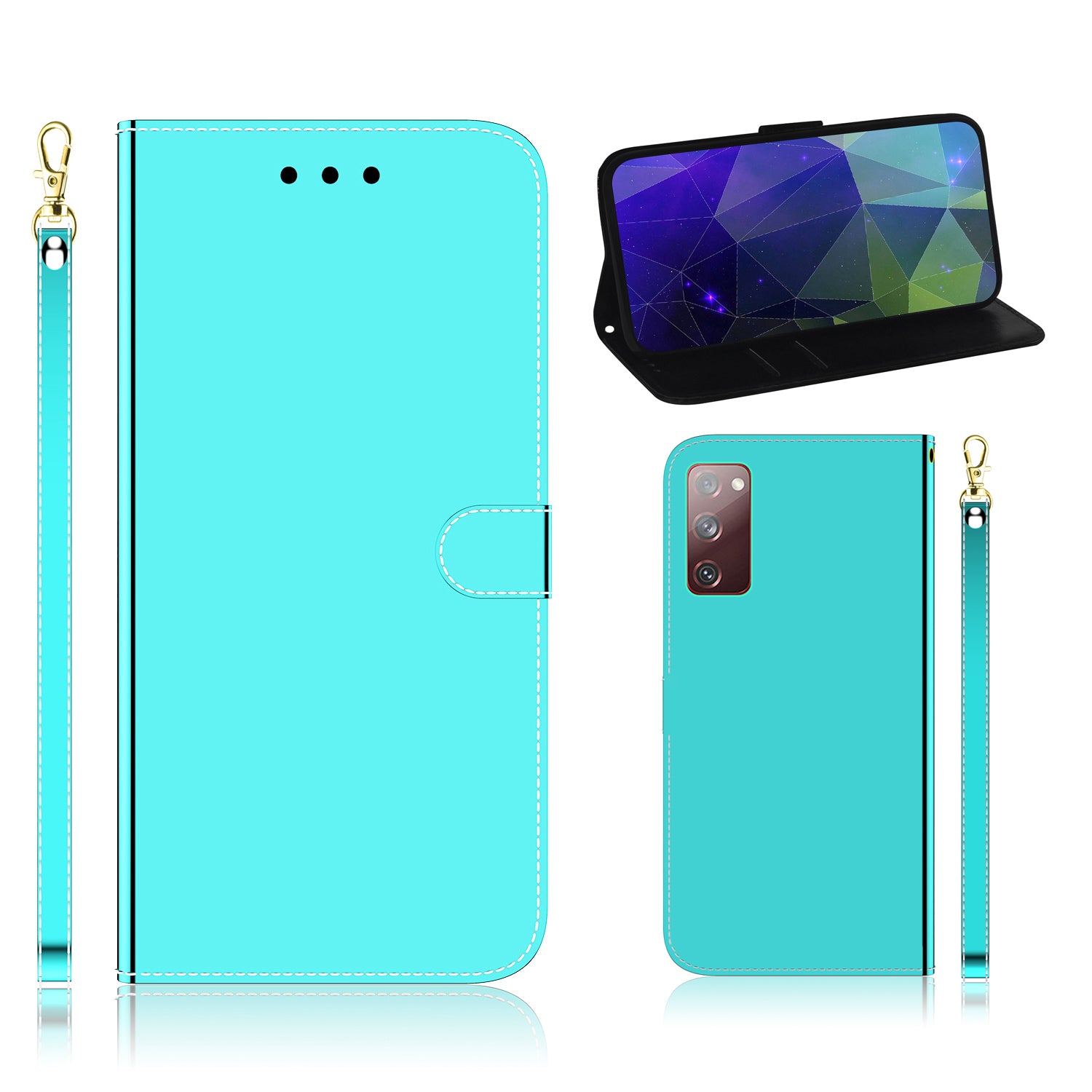 Leather Wallet Stand Case Mirror-like Surface with Wrist Strap for Samsung Galaxy S20 FE/S20 FE 5G/S20 Lite/S20 FE 2022 - Cyan