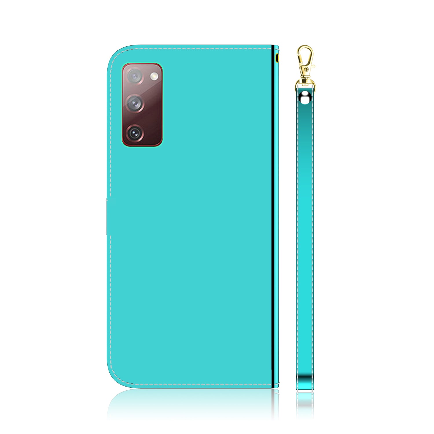 Leather Wallet Stand Case Mirror-like Surface with Wrist Strap for Samsung Galaxy S20 FE/S20 FE 5G/S20 Lite/S20 FE 2022 - Cyan