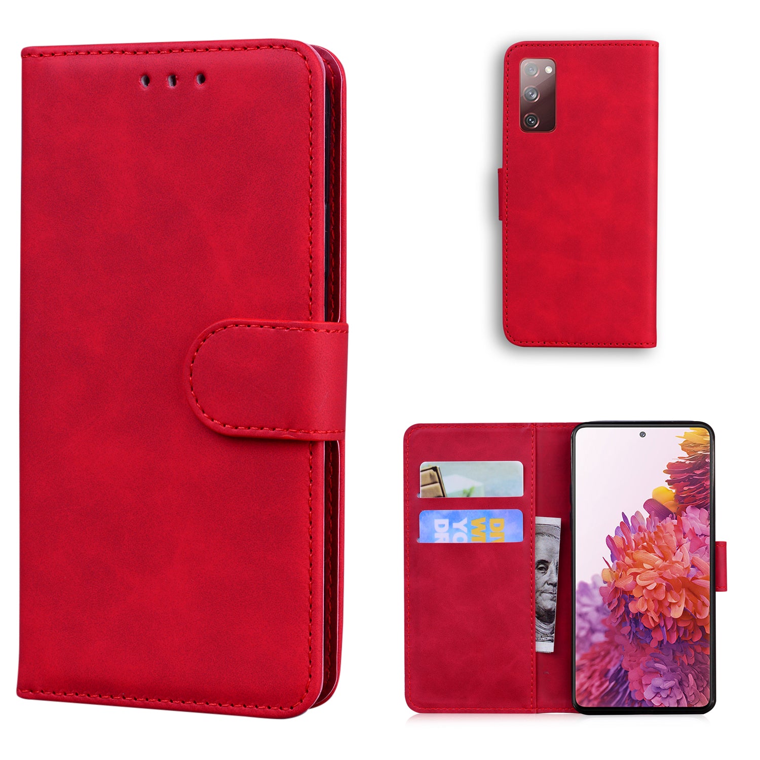 Wallet Stand Magnetic Clasp PU Leather Case for Samsung Galaxy S20 FE 4G/5G/2022/S20 Lite - Red