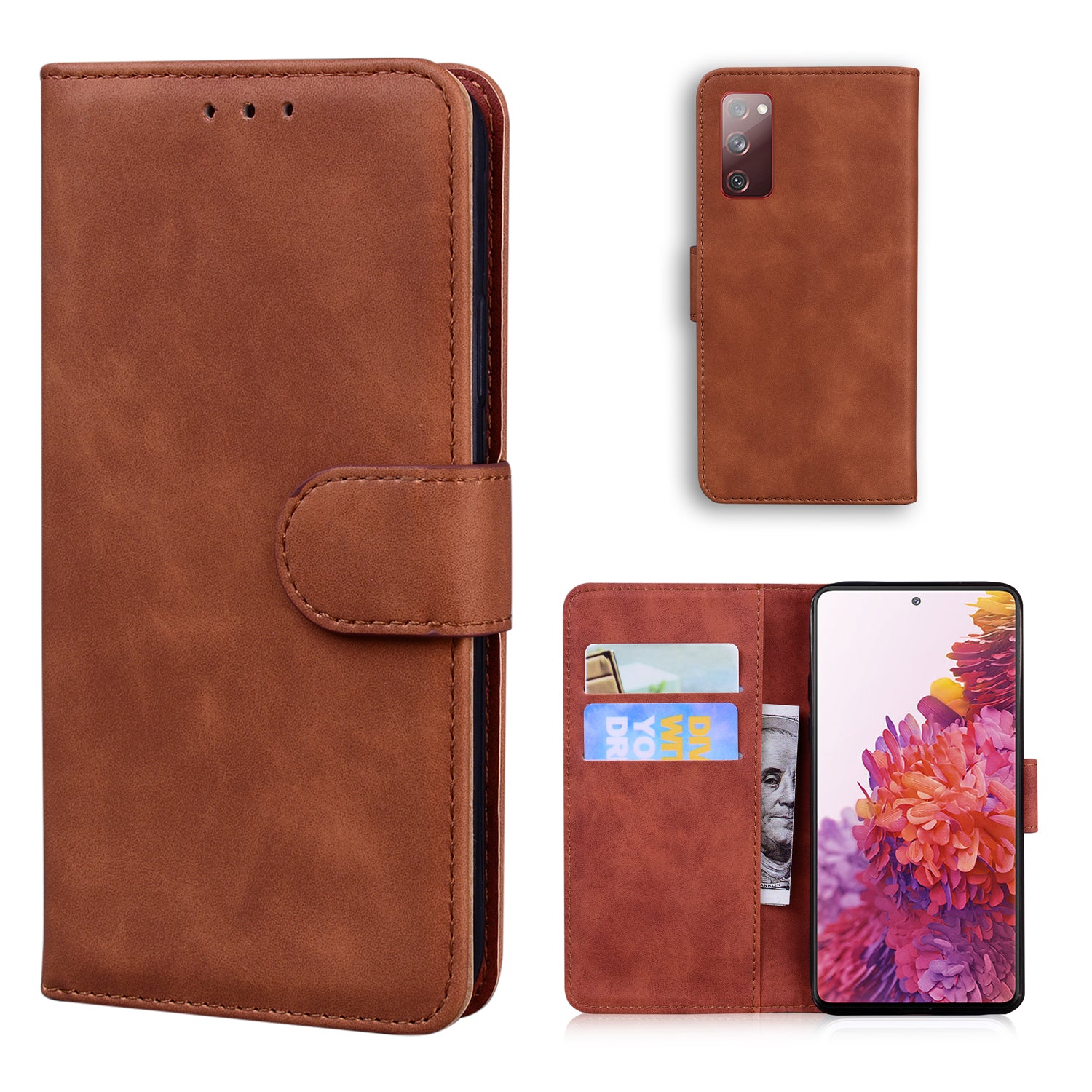 Wallet Stand Magnetic Clasp PU Leather Case for Samsung Galaxy S20 FE 4G/5G/2022/S20 Lite - Brown