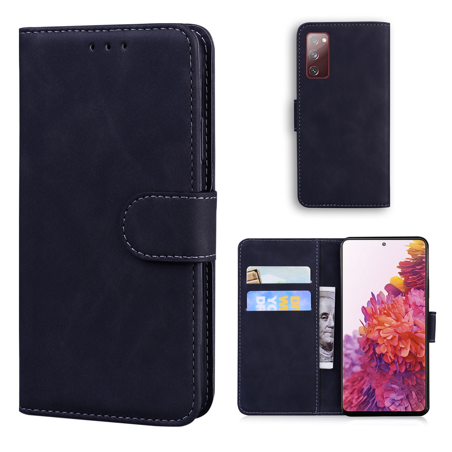 Wallet Stand Magnetic Clasp PU Leather Case for Samsung Galaxy S20 FE 4G/5G/2022/S20 Lite - Black