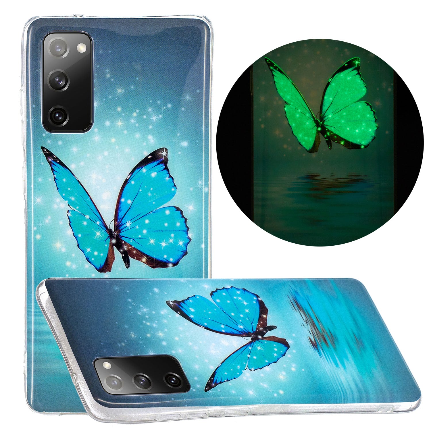 Noctilucent IMD TPU Phone Back Shell for Samsung Galaxy S20 FE 4G/5G/2022/S20 Lite - Blue Butterfly