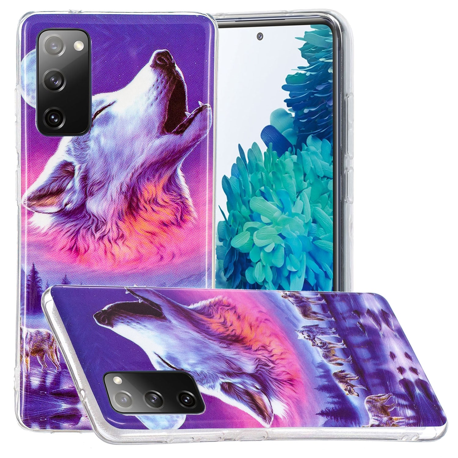 Noctilucent IMD TPU Phone Back Shell for Samsung Galaxy S20 FE 4G/5G/2022/S20 Lite - Moon and Wolf