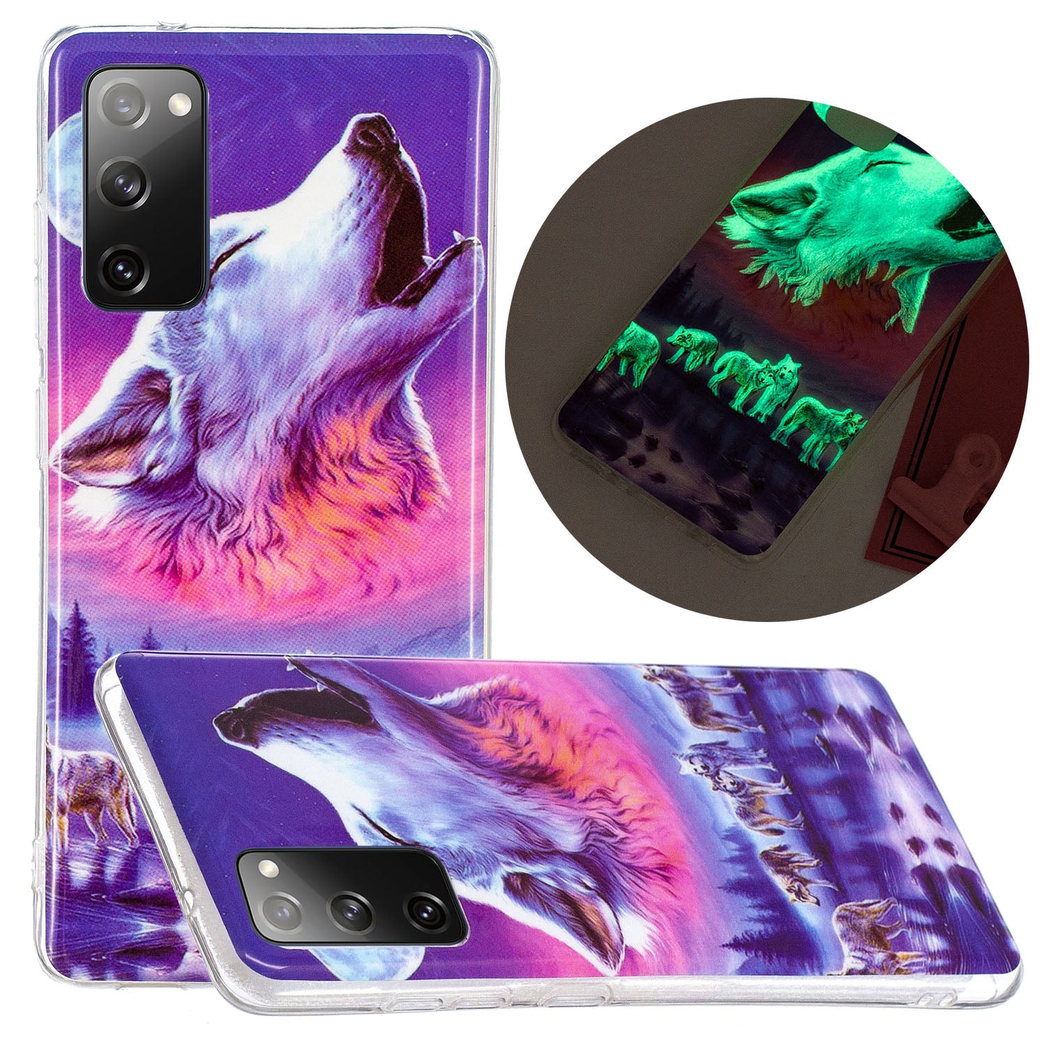 Noctilucent IMD TPU Phone Back Shell for Samsung Galaxy S20 FE 4G/5G/2022/S20 Lite - Moon and Wolf