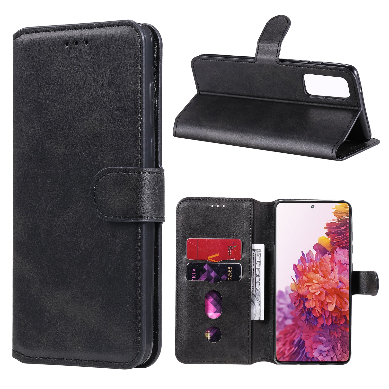 Wallet + Stand Classic Style Flip Leather Phone Case for Samsung Galaxy S20 FE 4G/5G/2022/S20 Lite - Black