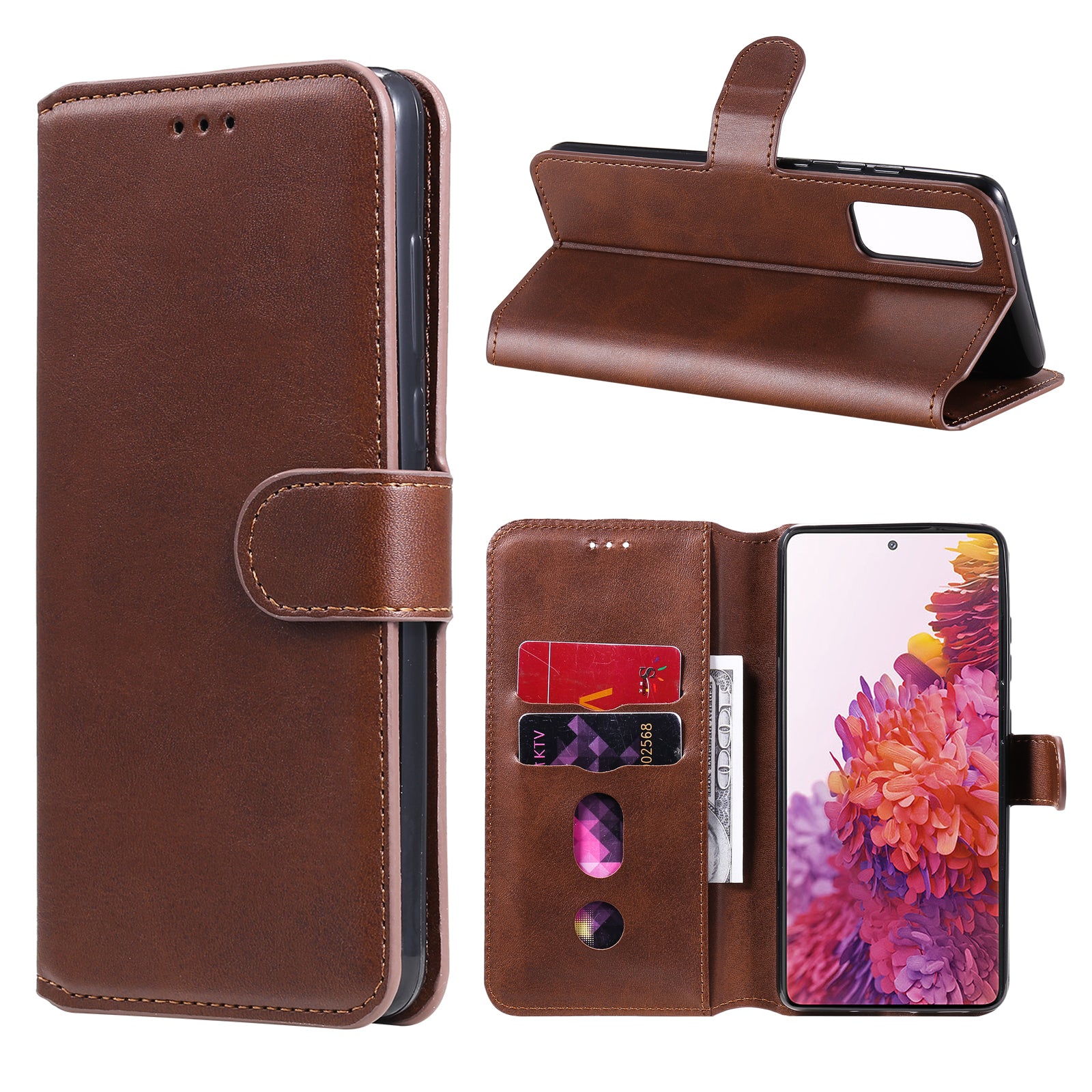 Wallet + Stand Classic Style Flip Leather Phone Case for Samsung Galaxy S20 FE 4G/5G/2022/S20 Lite - Brown