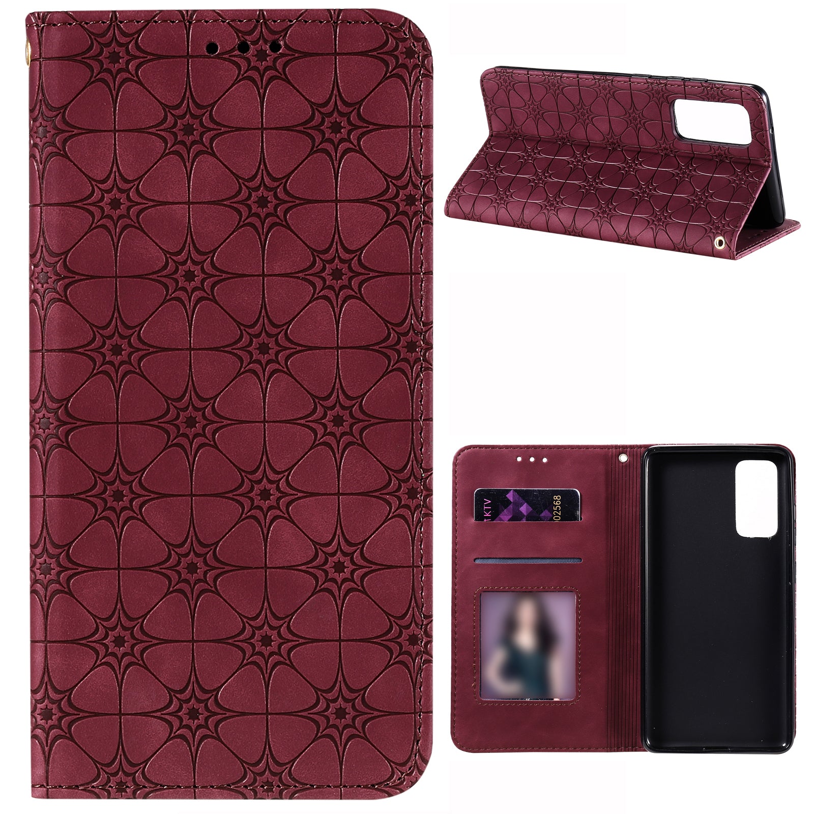 Imprint Lucky Flower Auto-absorbed Flip Leather Cover for Samsung Galaxy S20 FE 4G/5G/2022/S20 Lite - Wine Red