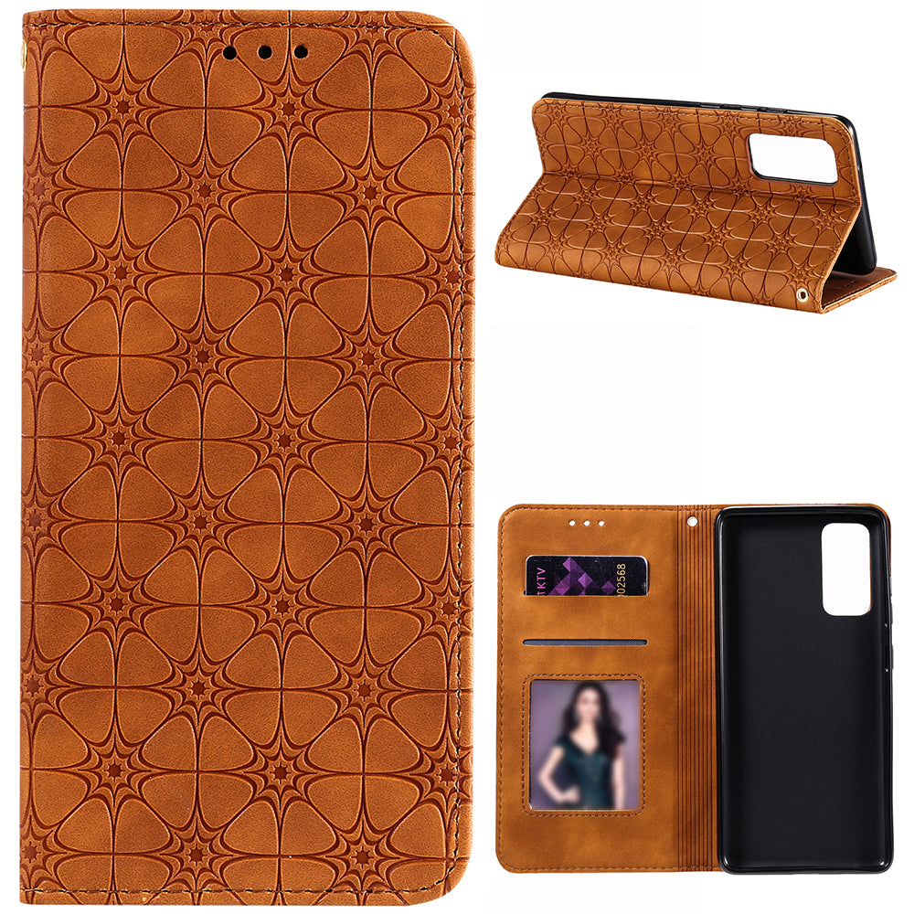 Imprint Lucky Flower Auto-absorbed Flip Leather Cover for Samsung Galaxy S20 FE 4G/5G/2022/S20 Lite - Brown