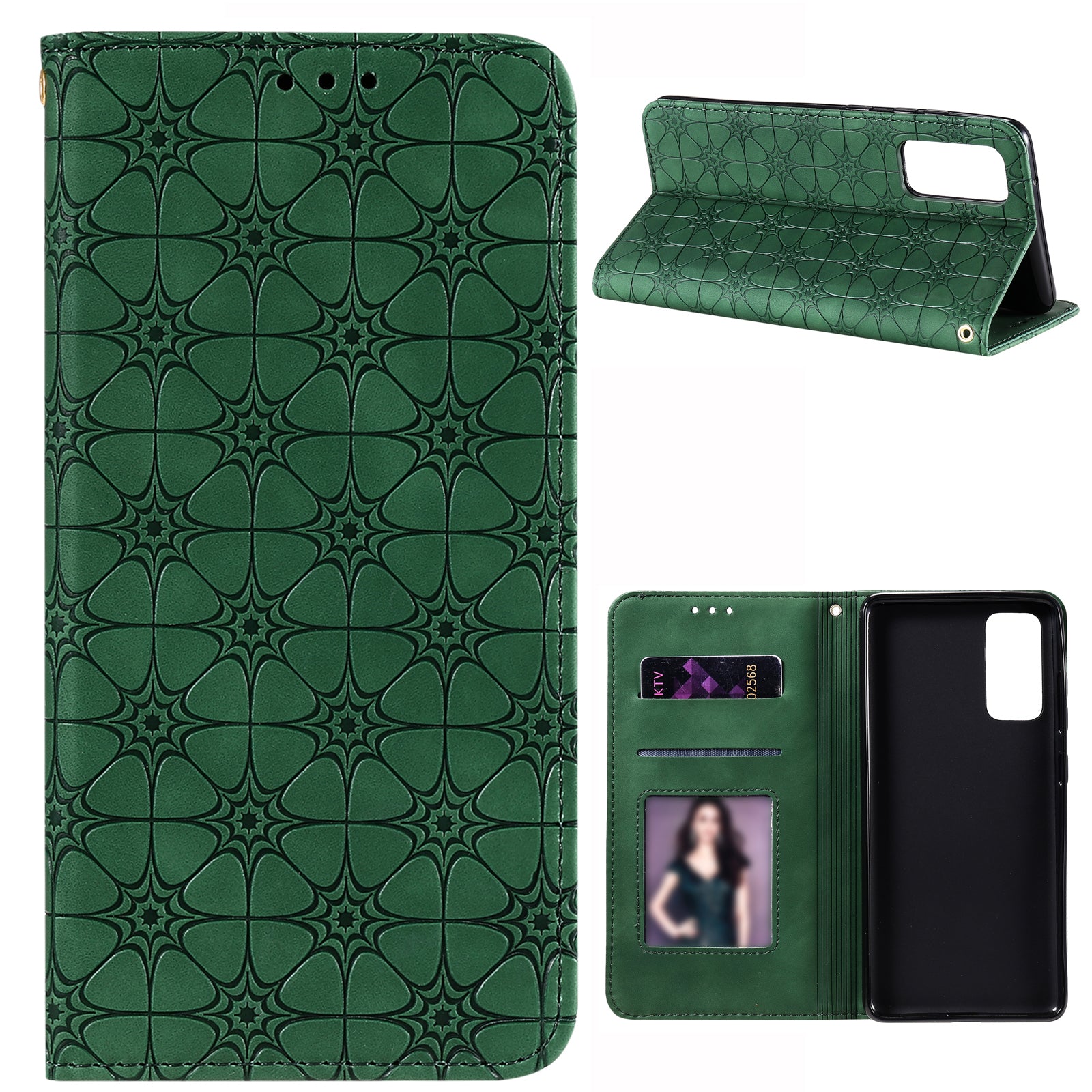 Imprint Lucky Flower Auto-absorbed Flip Leather Cover for Samsung Galaxy S20 FE 4G/5G/2022/S20 Lite - Green