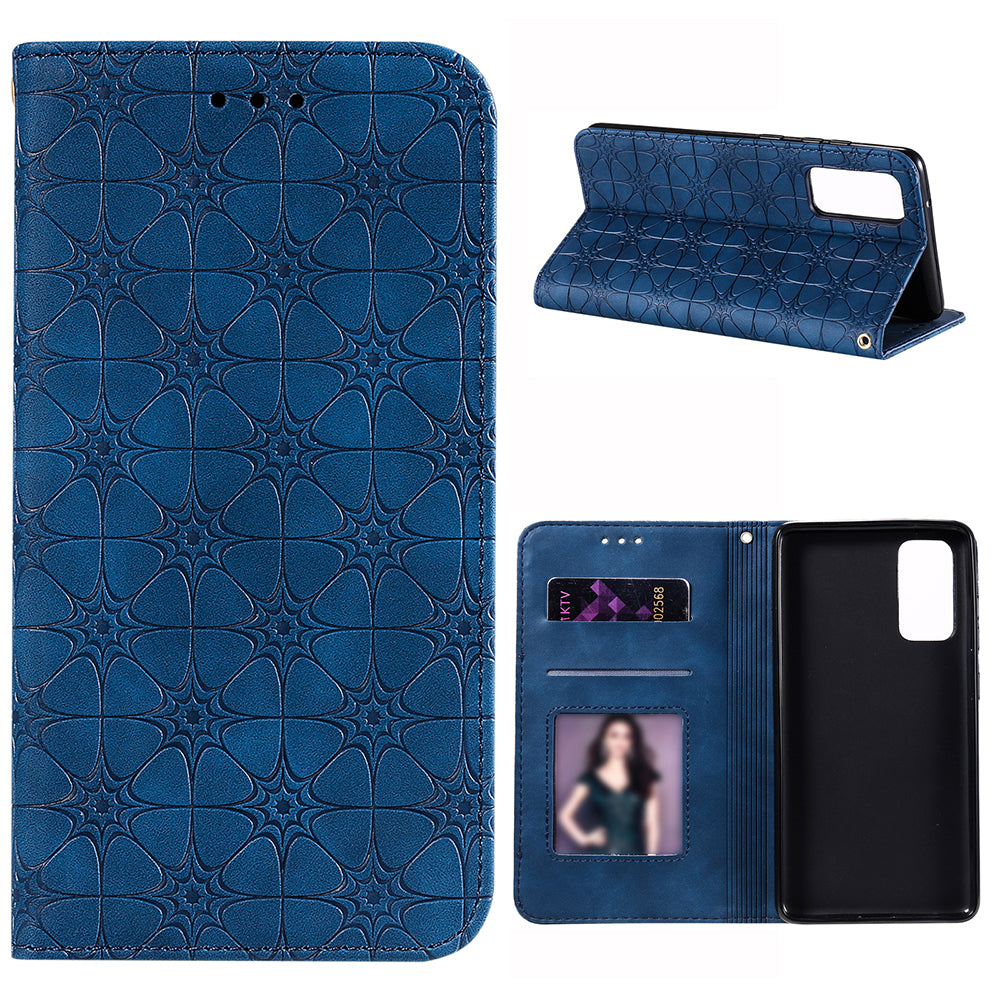 Imprint Lucky Flower Auto-absorbed Flip Leather Cover for Samsung Galaxy S20 FE 4G/5G/2022/S20 Lite - Blue