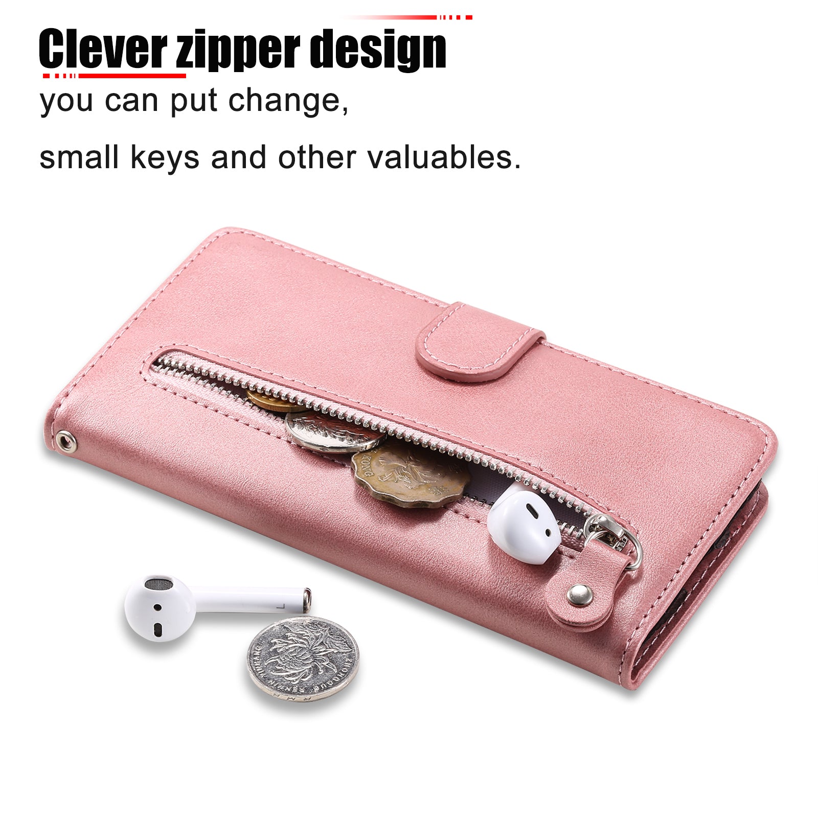 Zipper Pocket Leather Wallet Stand Case for Samsung Galaxy S20 FE 4G/5G/2022/S20 Lite - Rose Gold