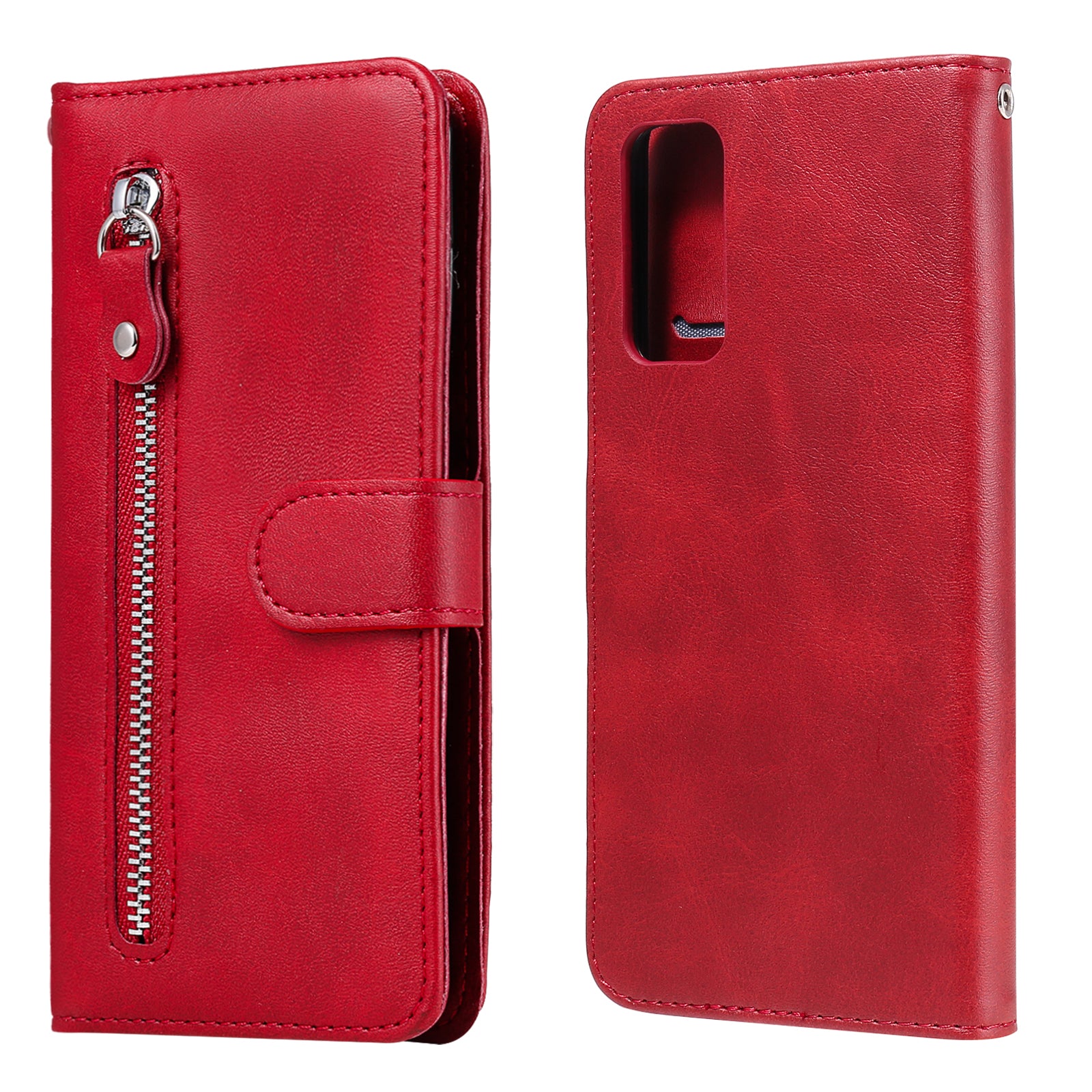 Zipper Pocket Leather Wallet Stand Case for Samsung Galaxy S20 FE 4G/5G/2022/S20 Lite - Red