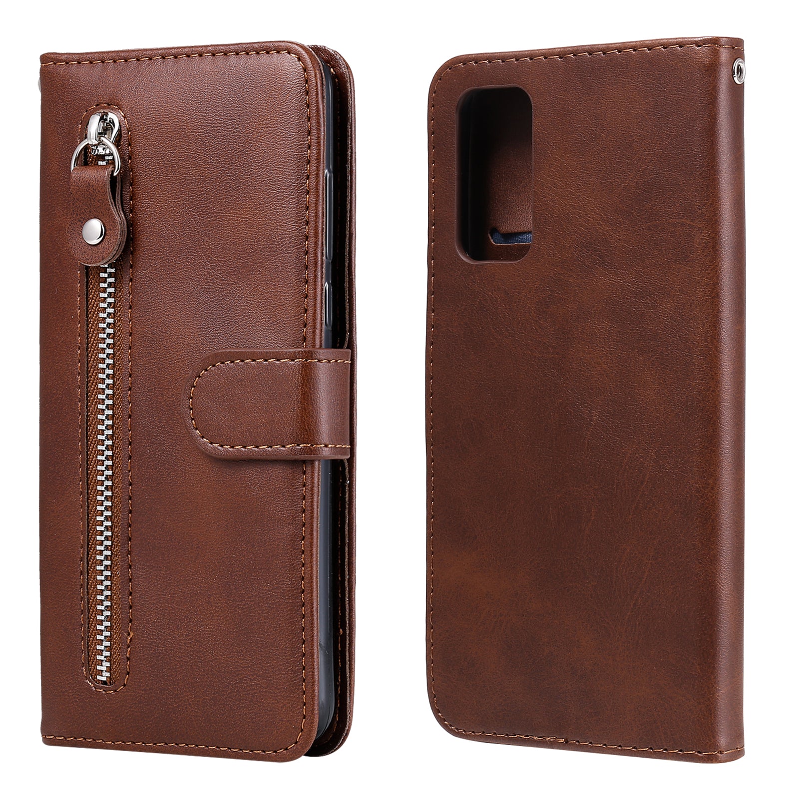 Zipper Pocket Leather Wallet Stand Case for Samsung Galaxy S20 FE 4G/5G/2022/S20 Lite - Brown