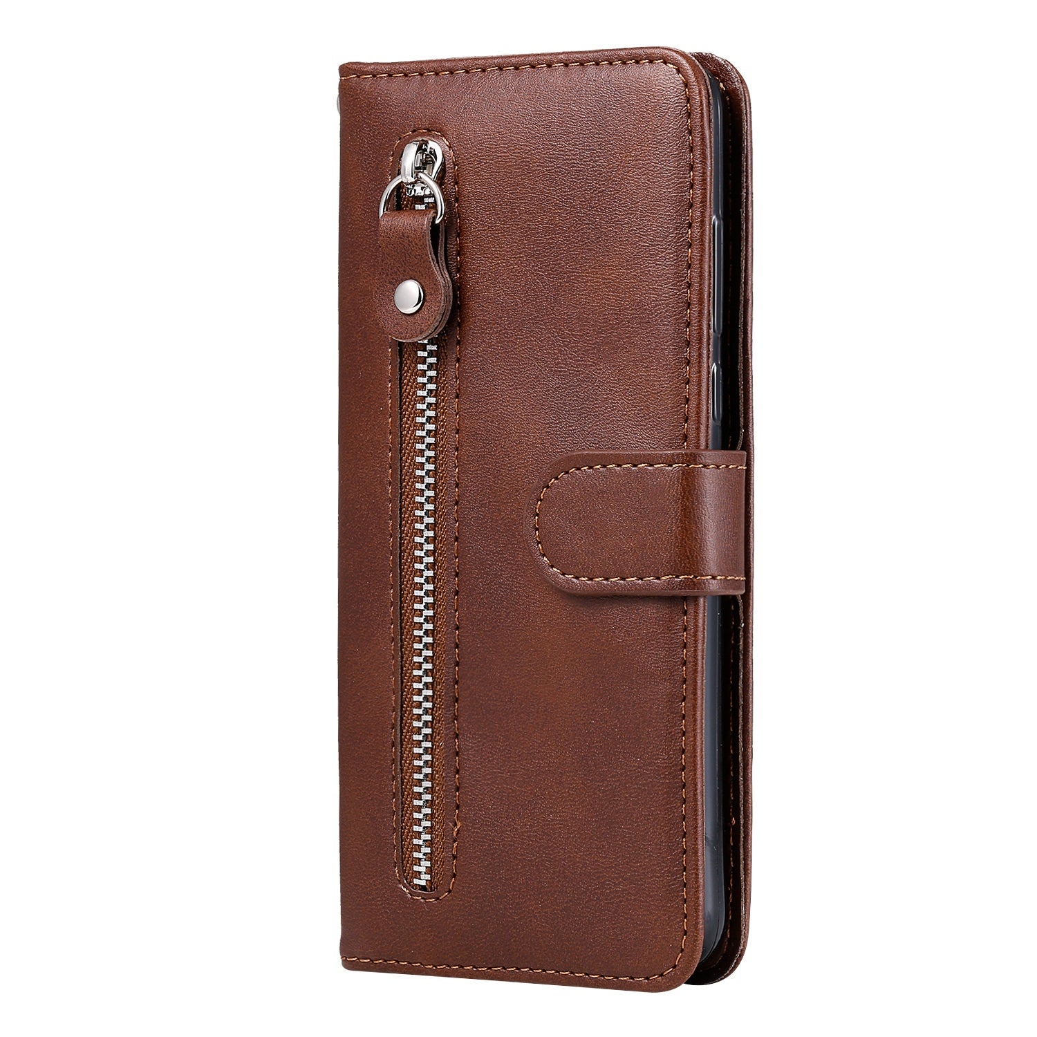 Zipper Pocket Leather Wallet Stand Case for Samsung Galaxy S20 FE 4G/5G/2022/S20 Lite - Brown