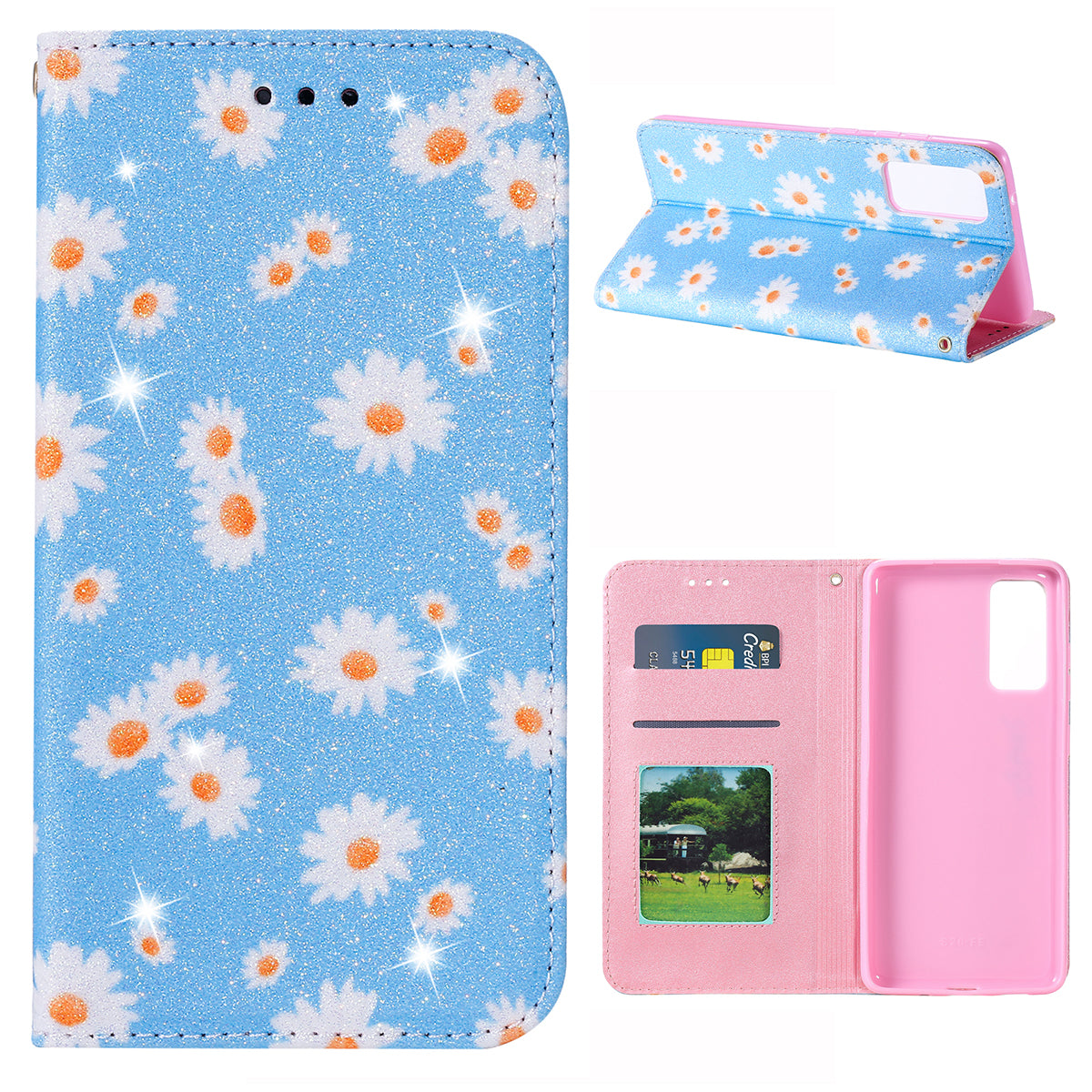 New Arrival Gleaming Powder Daisy Pattern Leather Phone Case for Samsung Galaxy S20 FE/S20 Fan Edition/S20 FE 5G/S20 Fan Edition 5G/S20 Lite - Blue