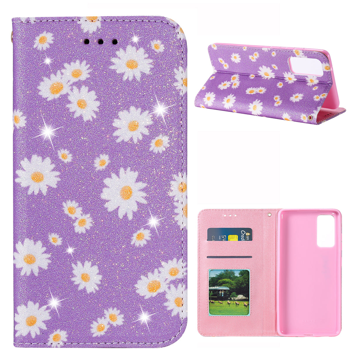 New Arrival Gleaming Powder Daisy Pattern Leather Phone Case for Samsung Galaxy S20 FE/S20 Fan Edition/S20 FE 5G/S20 Fan Edition 5G/S20 Lite - Purple