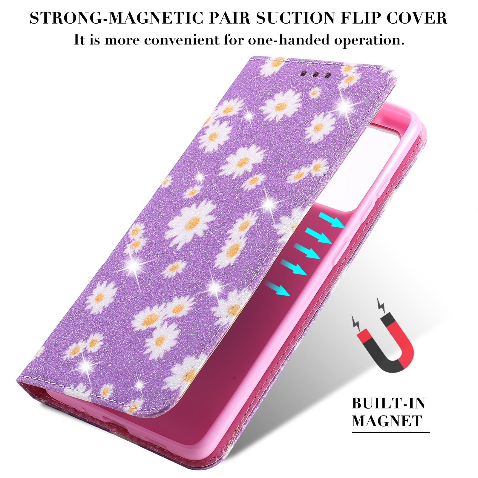 New Arrival Gleaming Powder Daisy Pattern Leather Phone Case for Samsung Galaxy S20 FE/S20 Fan Edition/S20 FE 5G/S20 Fan Edition 5G/S20 Lite - Purple