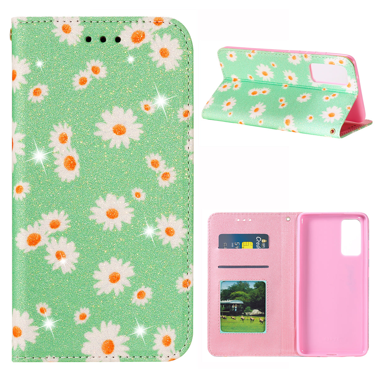 New Arrival Gleaming Powder Daisy Pattern Leather Phone Case for Samsung Galaxy S20 FE/S20 Fan Edition/S20 FE 5G/S20 Fan Edition 5G/S20 Lite - Green