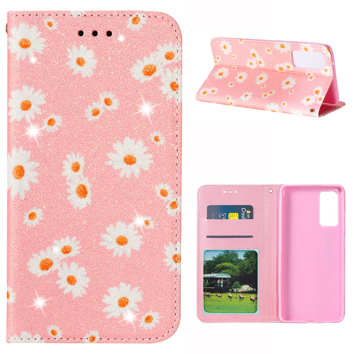 New Arrival Gleaming Powder Daisy Pattern Leather Phone Case for Samsung Galaxy S20 FE/S20 Fan Edition/S20 FE 5G/S20 Fan Edition 5G/S20 Lite - Pink