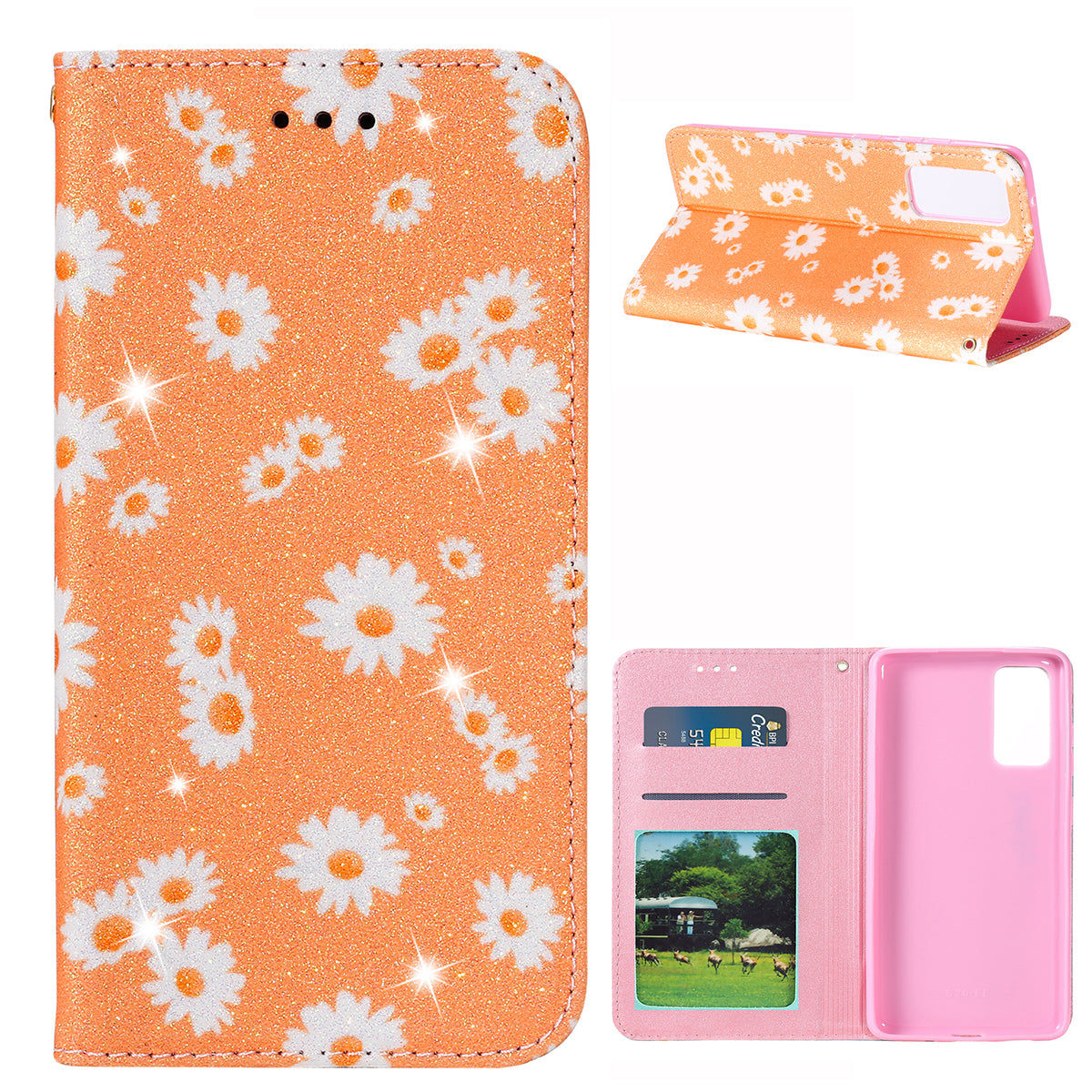 New Arrival Gleaming Powder Daisy Pattern Leather Phone Case for Samsung Galaxy S20 FE/S20 Fan Edition/S20 FE 5G/S20 Fan Edition 5G/S20 Lite - Orange